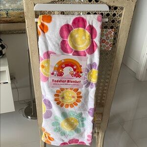 Colorful "Hippie Flowers"  White/Pink/Yellow Toddler Blanket with Smiley Flowers